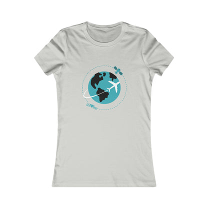 Silver tee with image of earth with a plane flying across it and two satellites in orbit.
