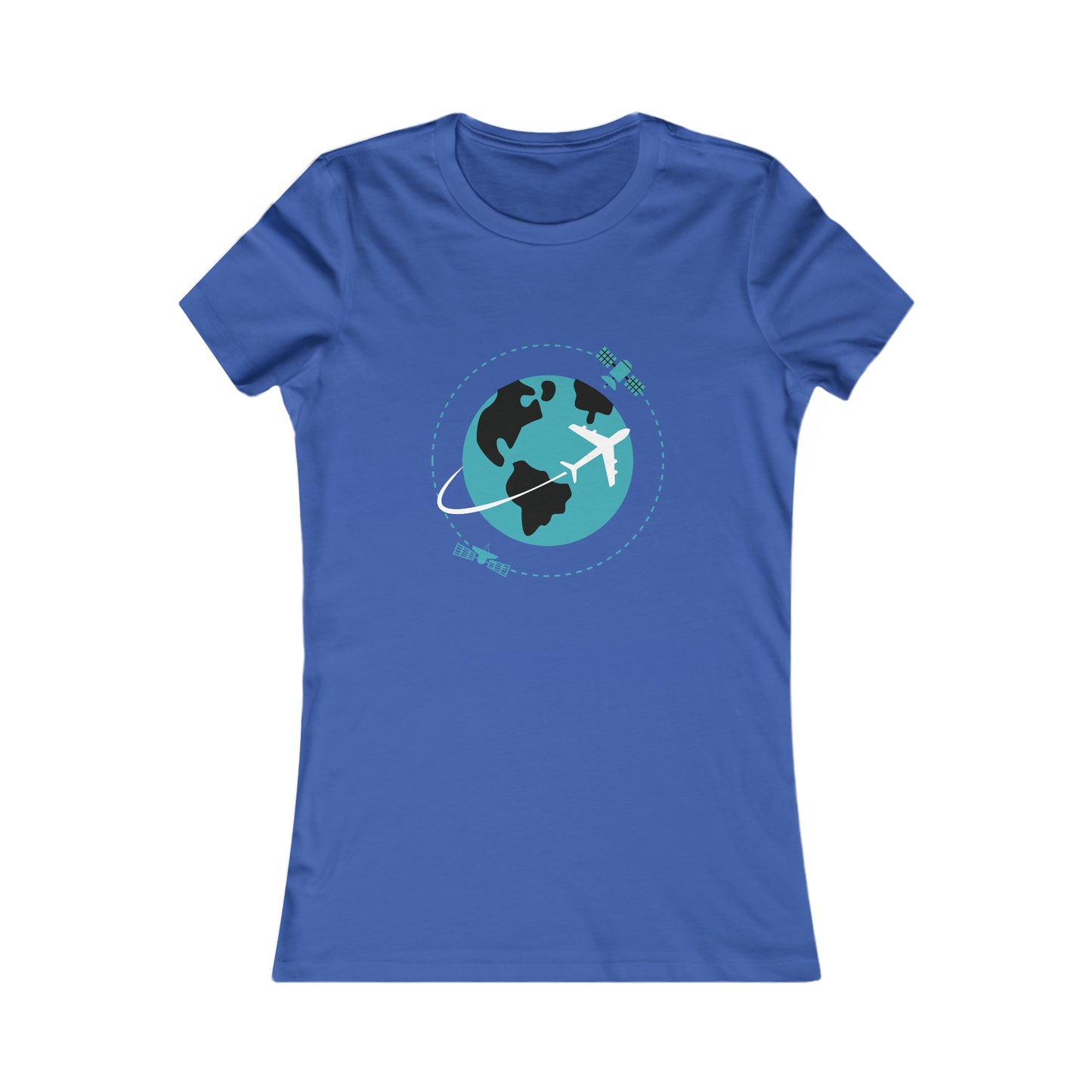 True royal tee with image of earth with a plane flying across it and two satellites in orbit.