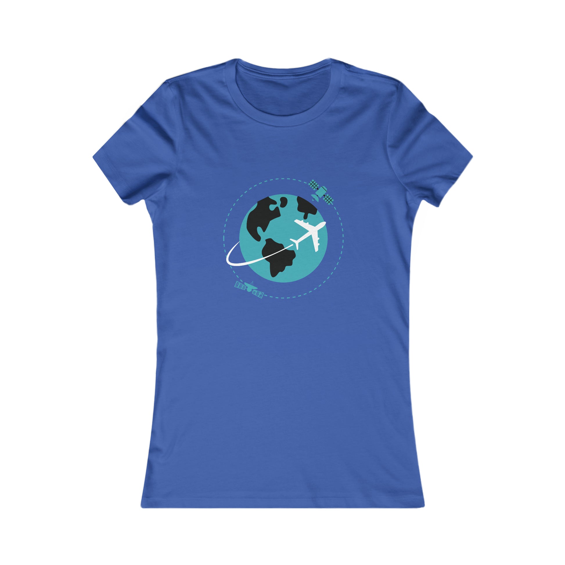 True royal tee with image of earth with a plane flying across it and two satellites in orbit.