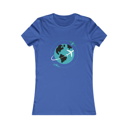 True royal tee with image of earth with a plane flying across it and two satellites in orbit.