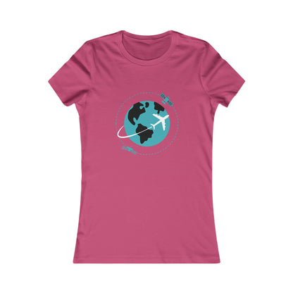 Berry tee with image of earth with a plane flying across it and two satellites in orbit.