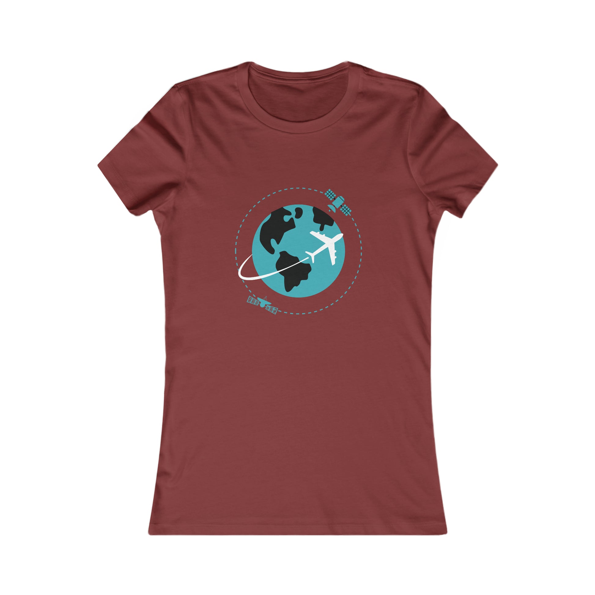 Cardinal tee with image of earth with a plane flying across it and two satellites in orbit.