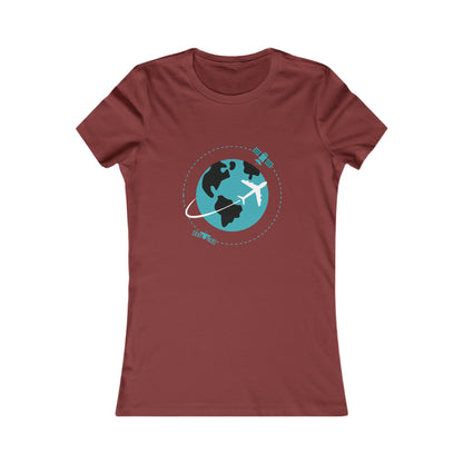 Cardinal tee with image of earth with a plane flying across it and two satellites in orbit.