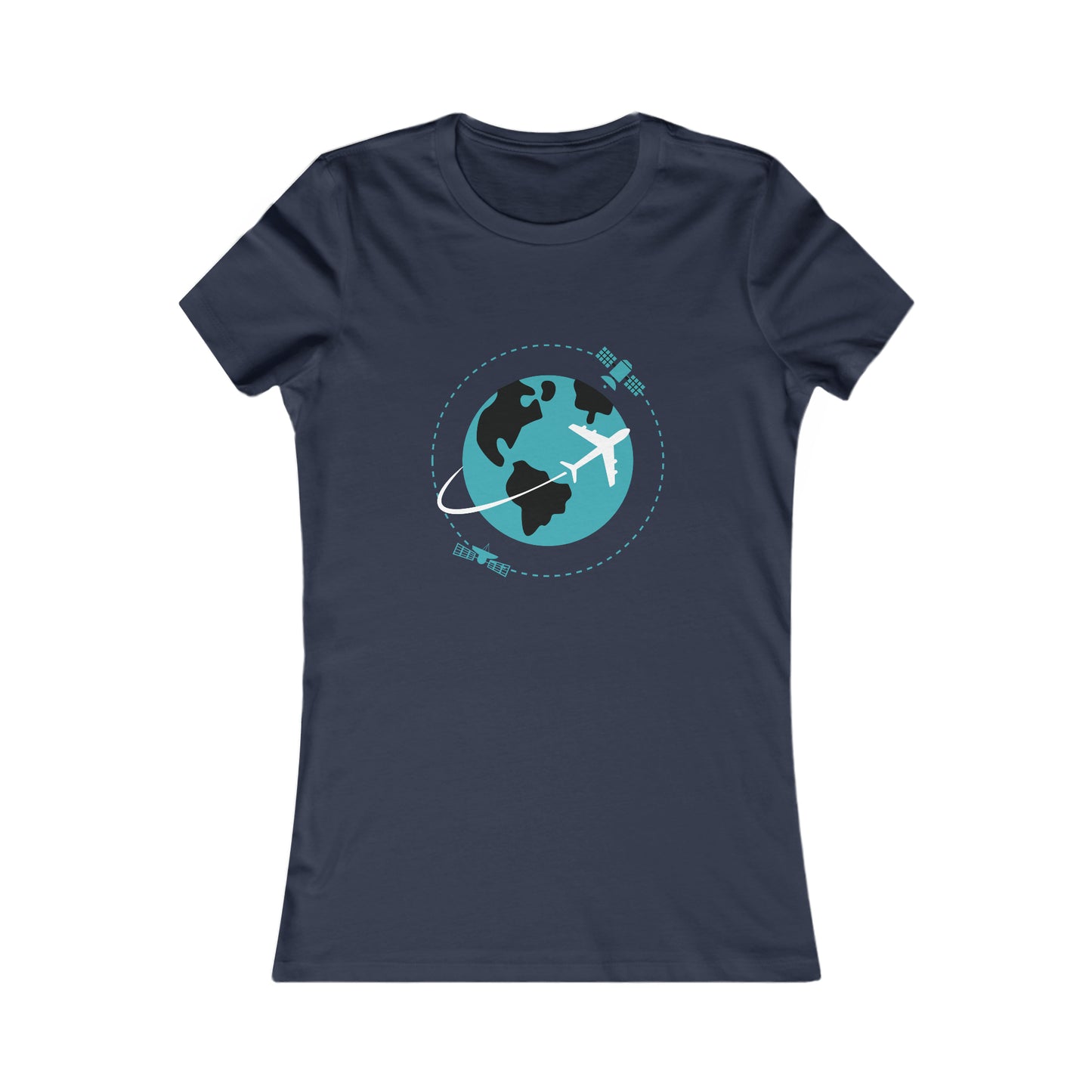 Navy tee with image of earth with a plane flying across it and two satellites in orbit.