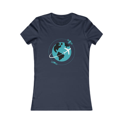 Navy tee with image of earth with a plane flying across it and two satellites in orbit.