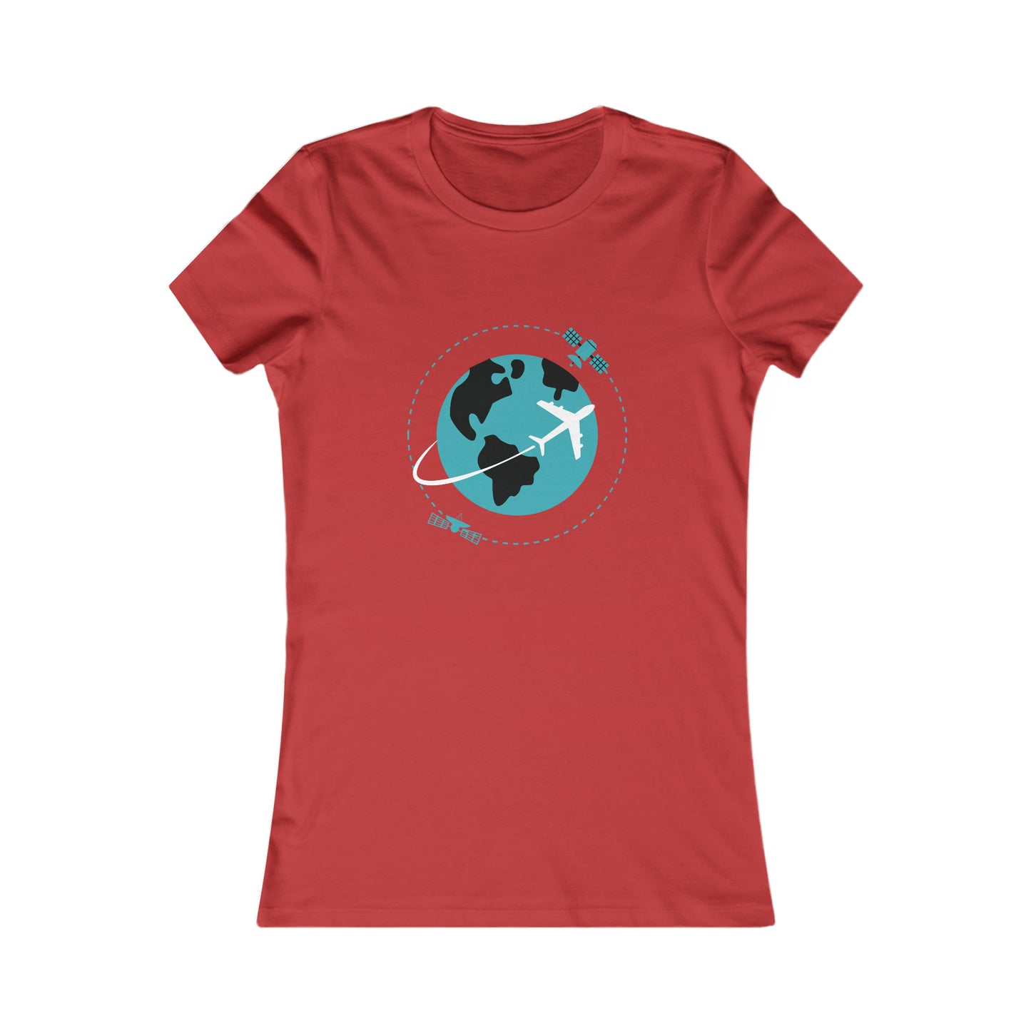 Red tee with image of earth with a plane flying across it and two satellites in orbit.