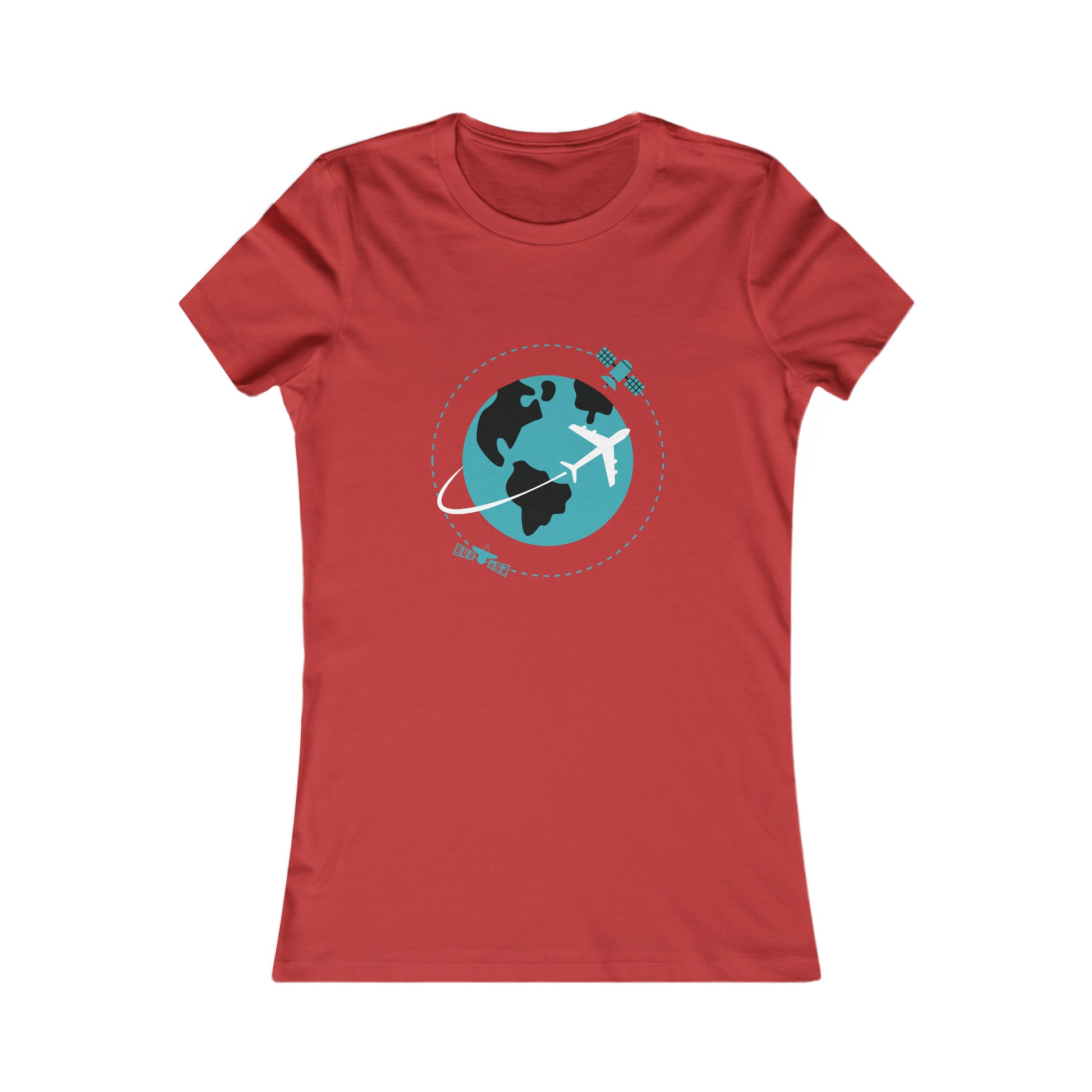 Red tee with image of earth with a plane flying across it and two satellites in orbit.