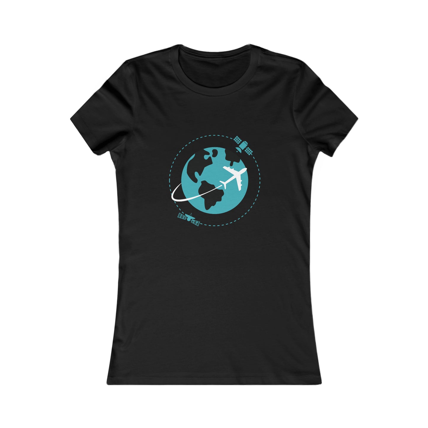 Black tee with image of earth with a plane flying across it and two satellites in orbit.