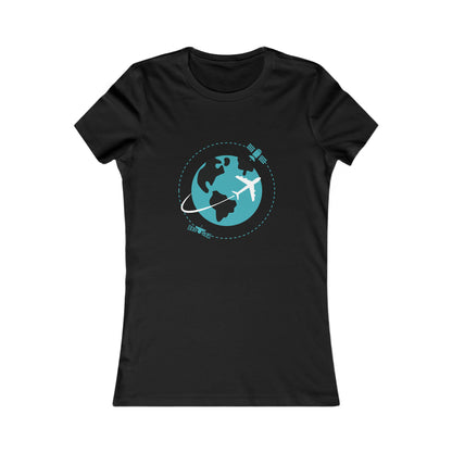 Black tee with image of earth with a plane flying across it and two satellites in orbit.