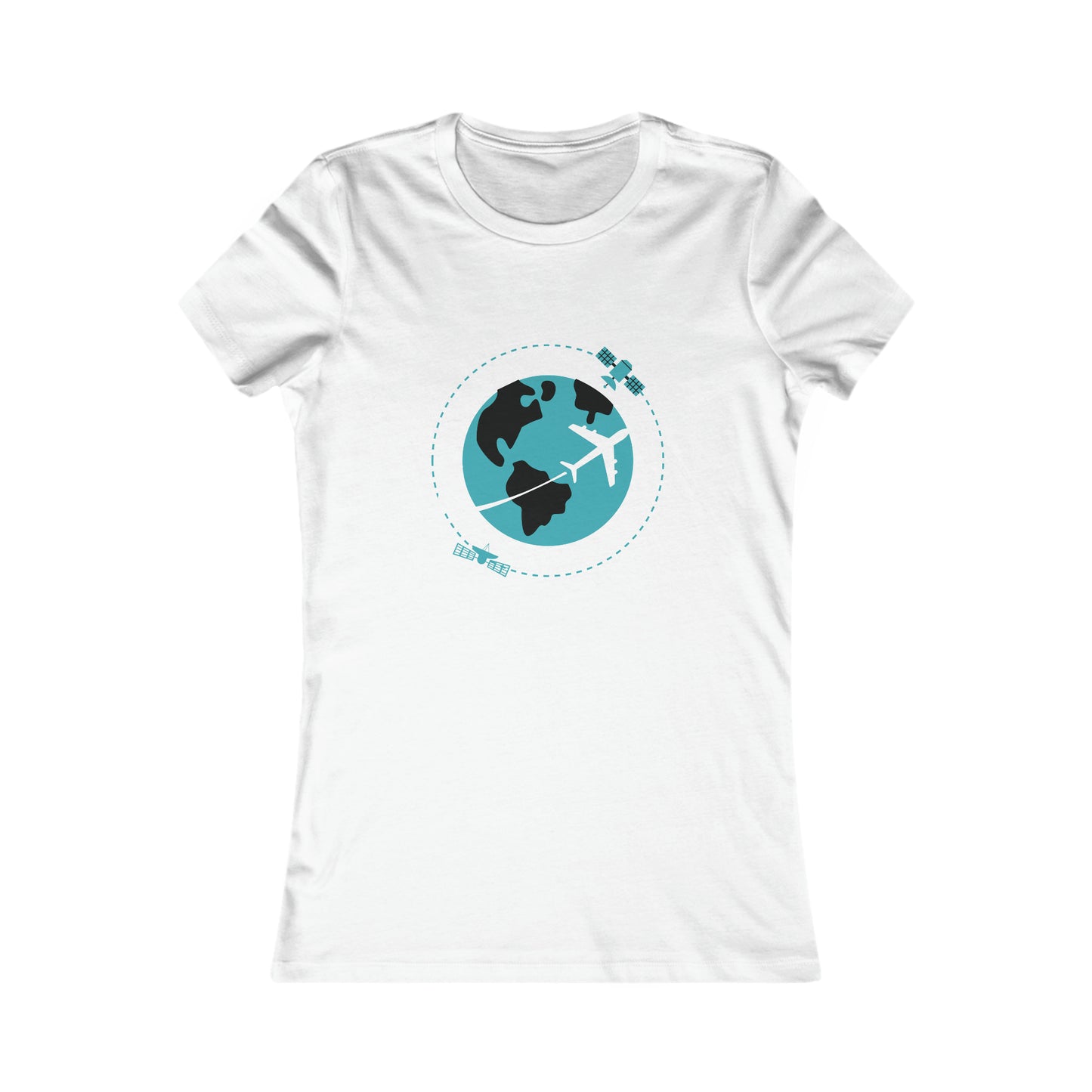 White tee with image of earth with a plane flying across it and two satellites in orbit.