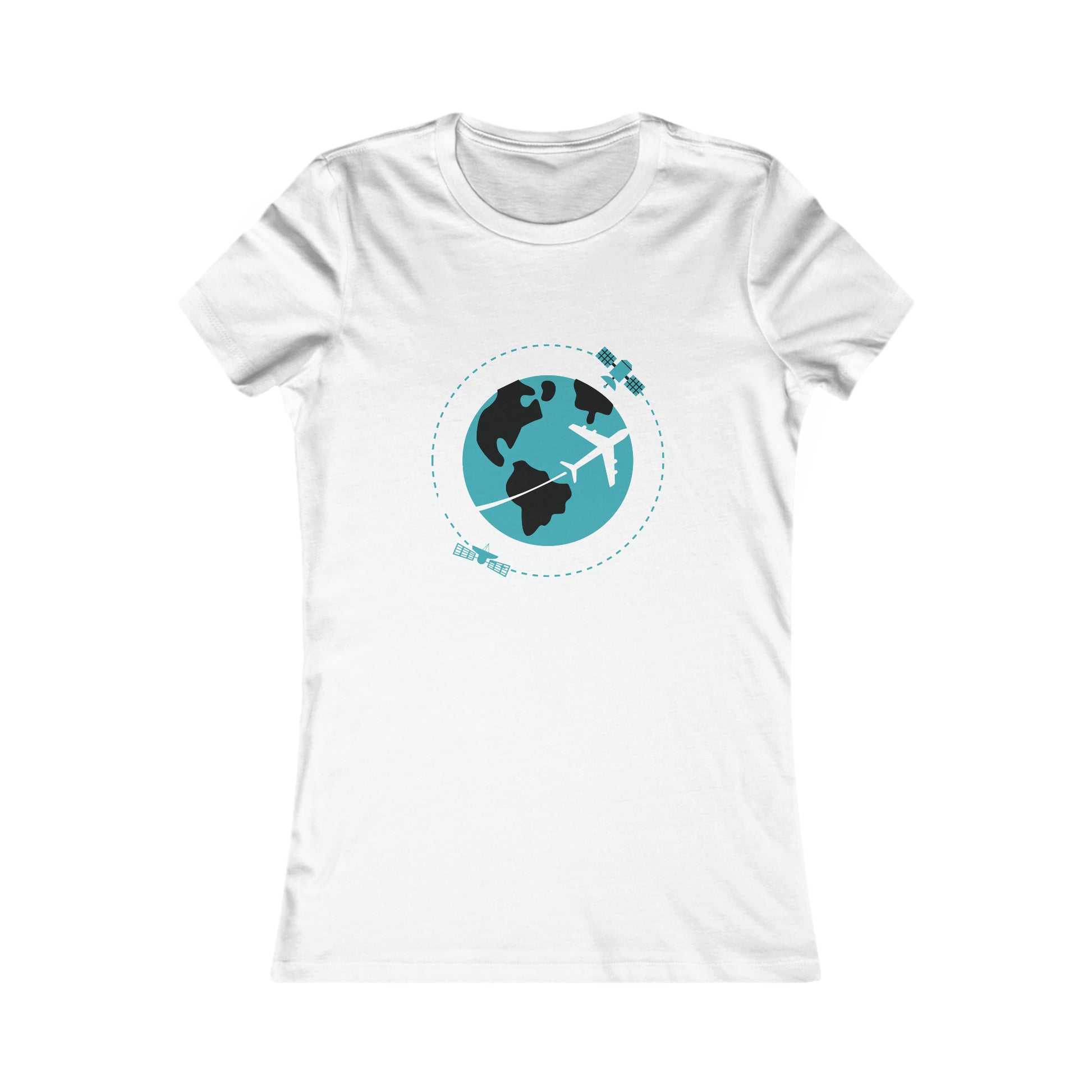 White tee with image of earth with a plane flying across it and two satellites in orbit.
