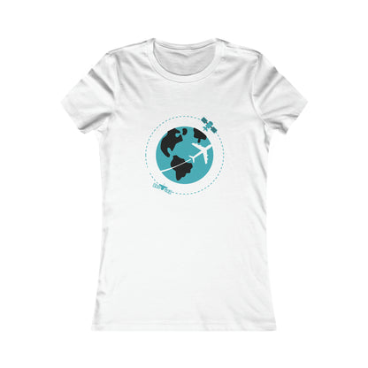 White tee with image of earth with a plane flying across it and two satellites in orbit.