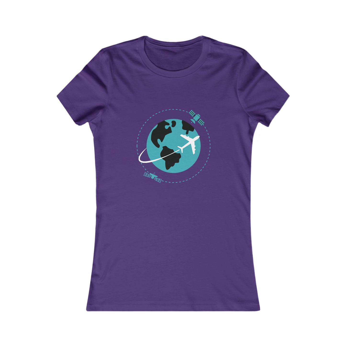 Team Purple tee with image of earth with a plane flying across it and two satellites in orbit.