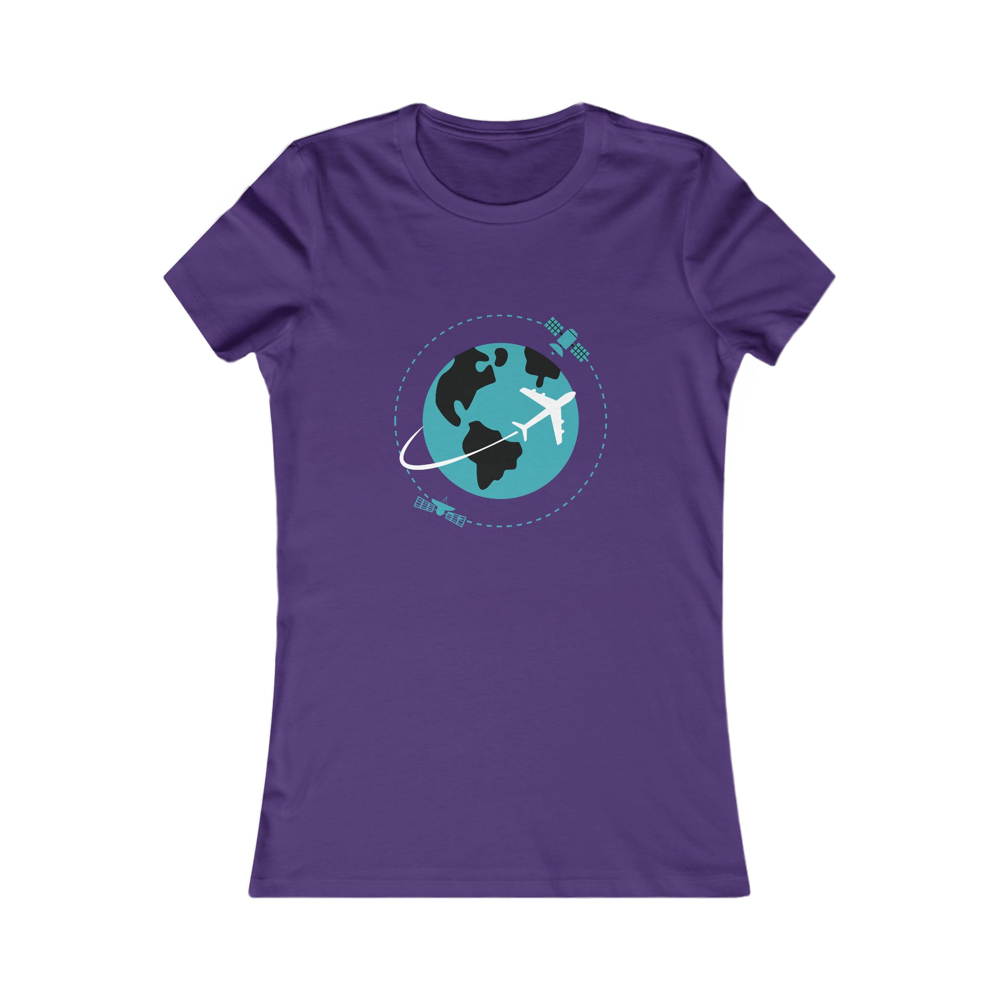 Team Purple tee with image of earth with a plane flying across it and two satellites in orbit.