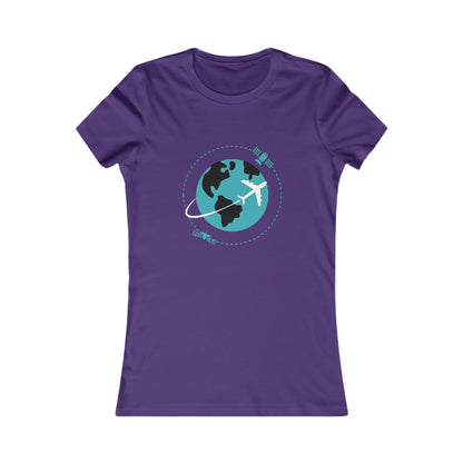 Team Purple tee with image of earth with a plane flying across it and two satellites in orbit.
