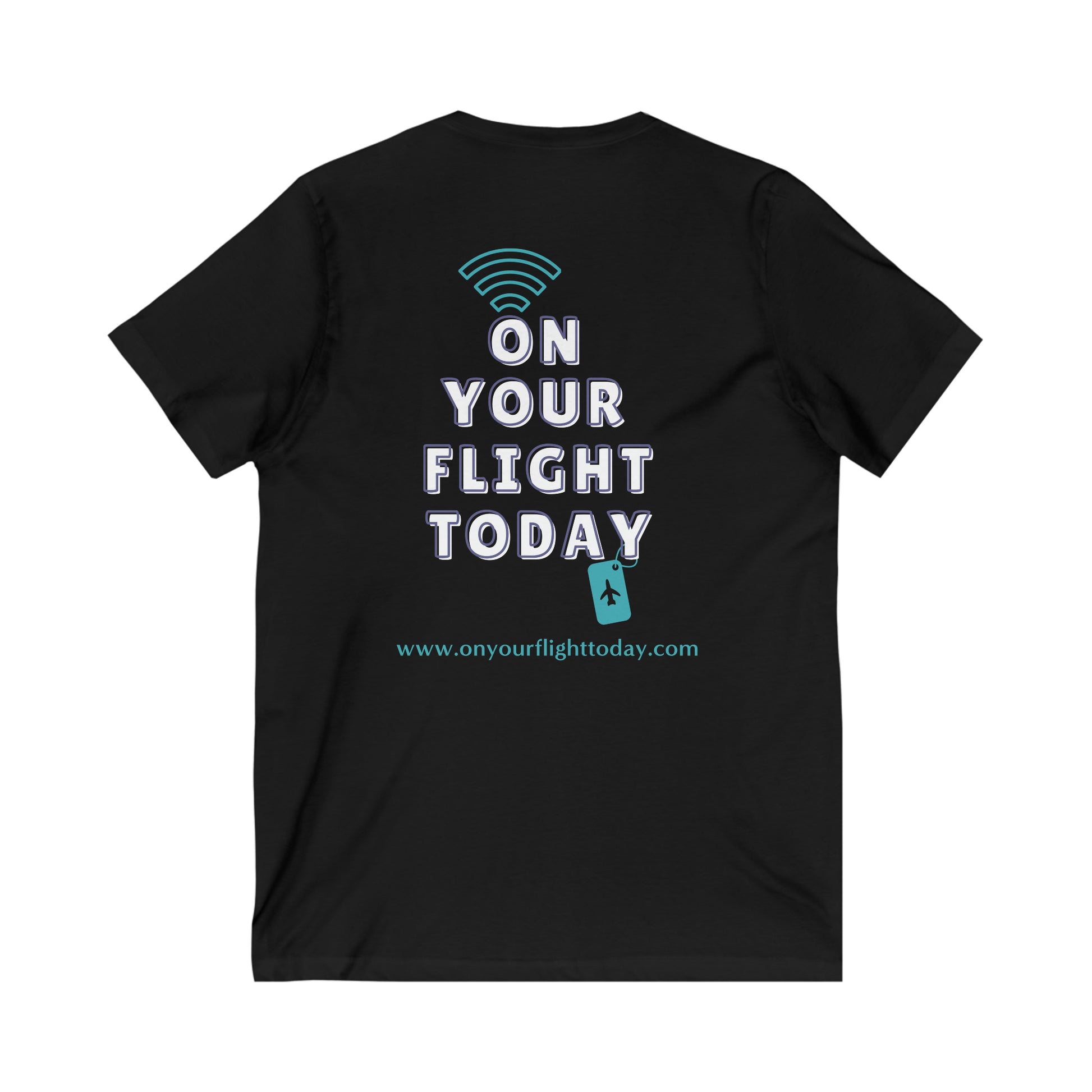 Black  back of tee with the On Your Flight Today logo 