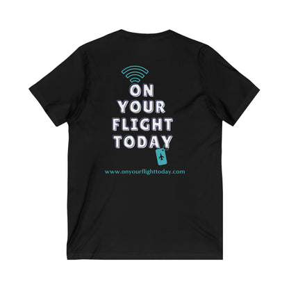 Black  back of tee with the On Your Flight Today logo 