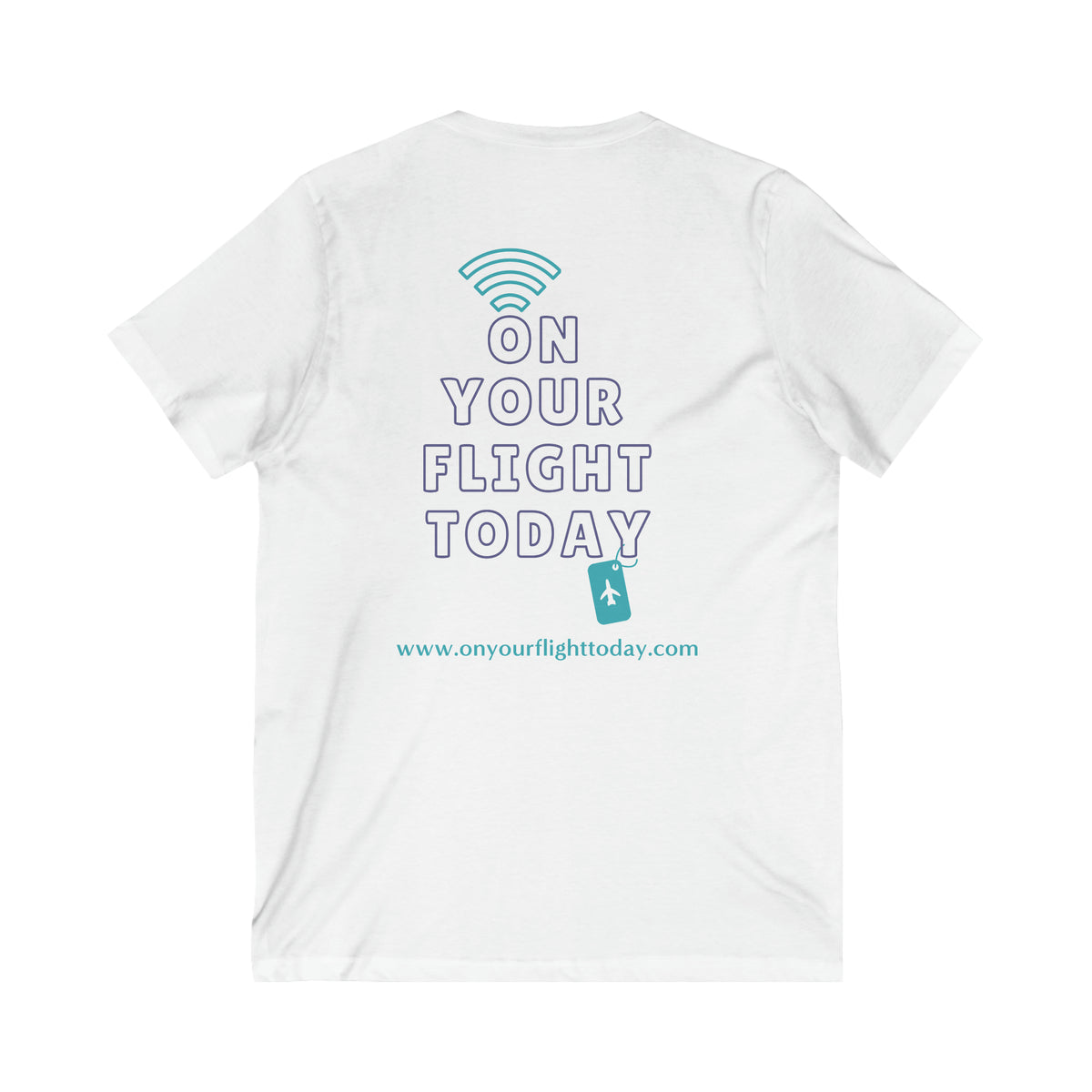 White  back of tee with the On Your Flight Today logo 