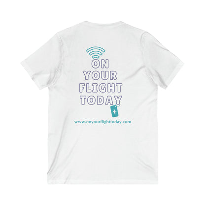 White  back of tee with the On Your Flight Today logo 
