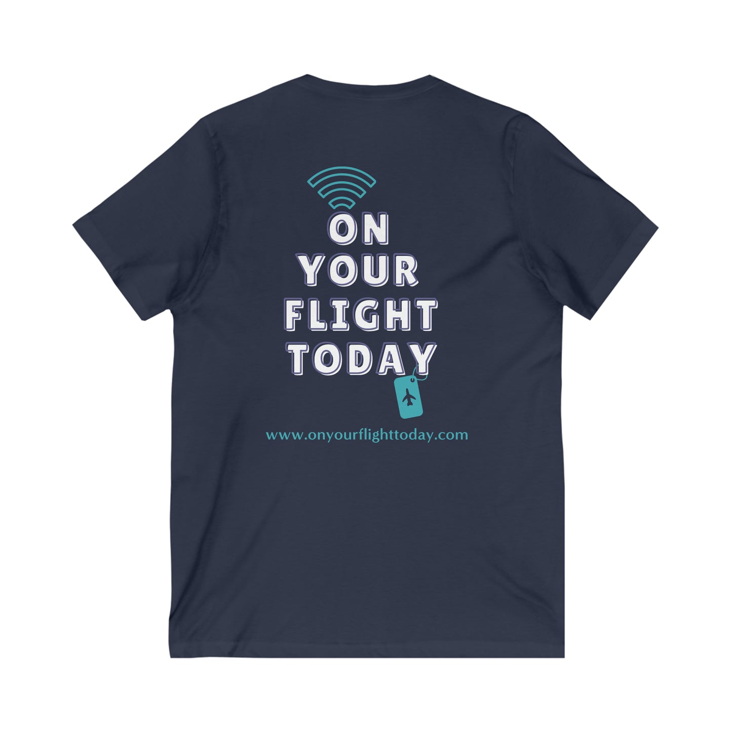 Navy  back of tee with the On Your Flight Today logo 