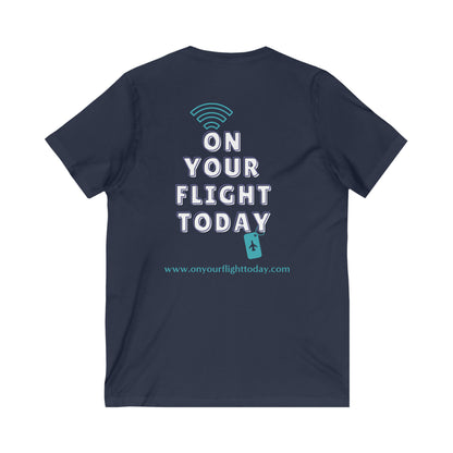Navy  back of tee with the On Your Flight Today logo 