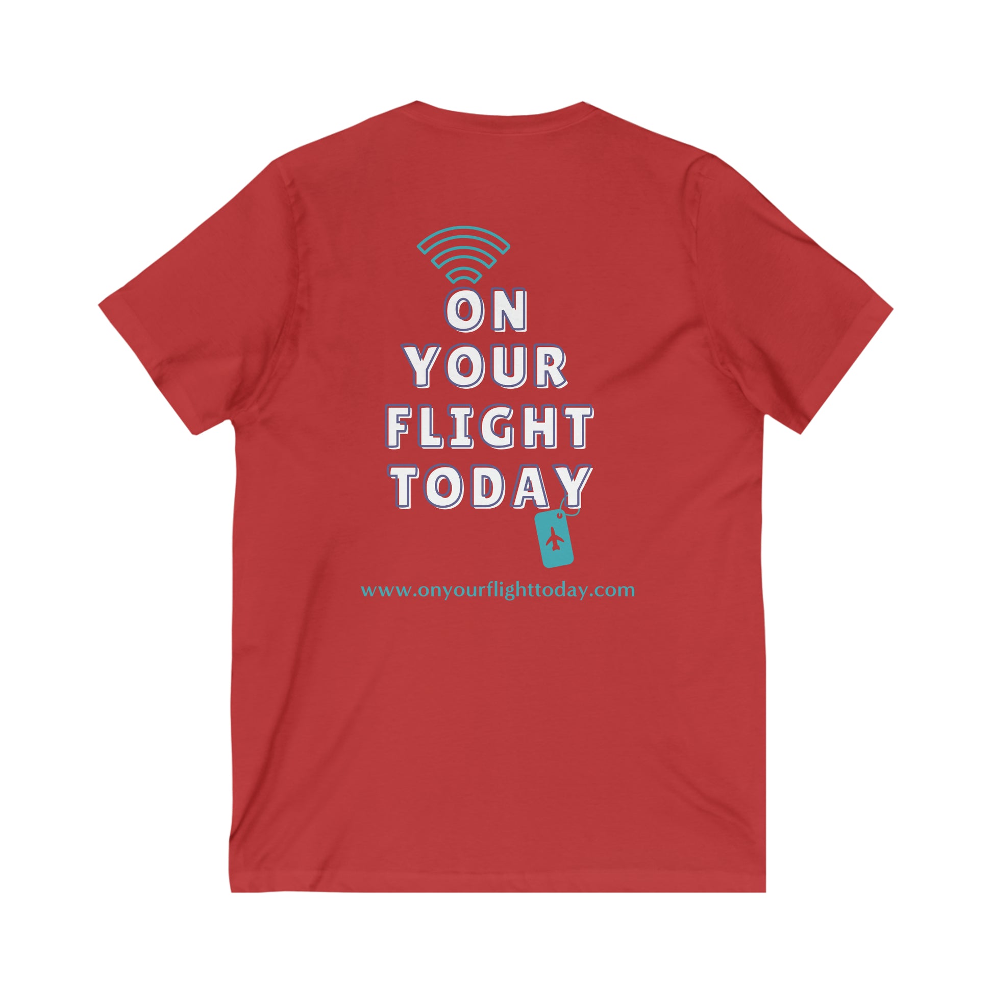 Red  back of tee with the On Your Flight Today logo 