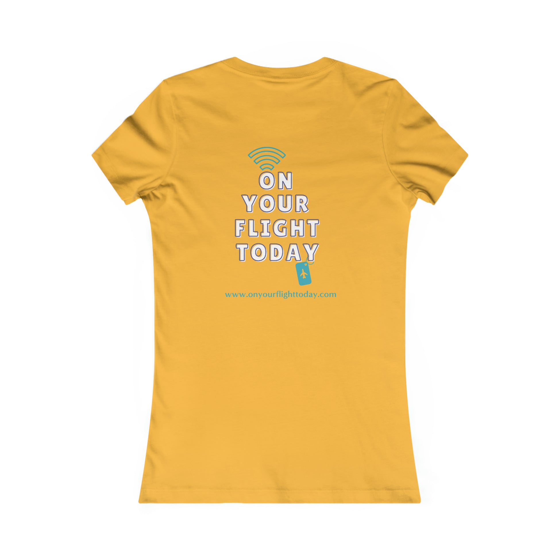 Gold back of tee with the On Your Flight Today logo 