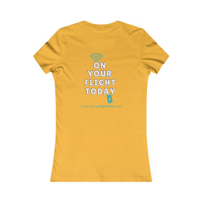 Gold back of tee with the On Your Flight Today logo 