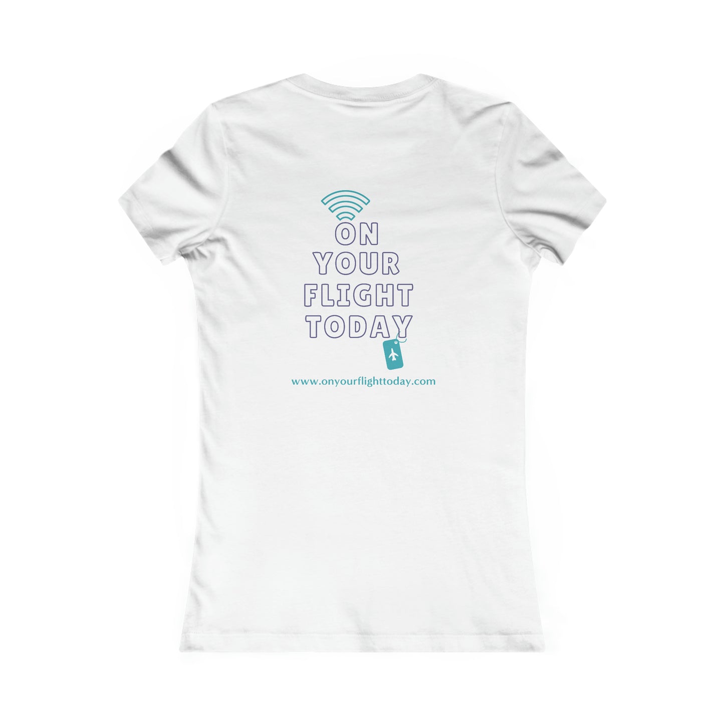 White back of tee with the On Your Flight Today logo 