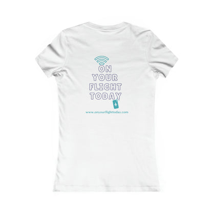 White back of tee with the On Your Flight Today logo 