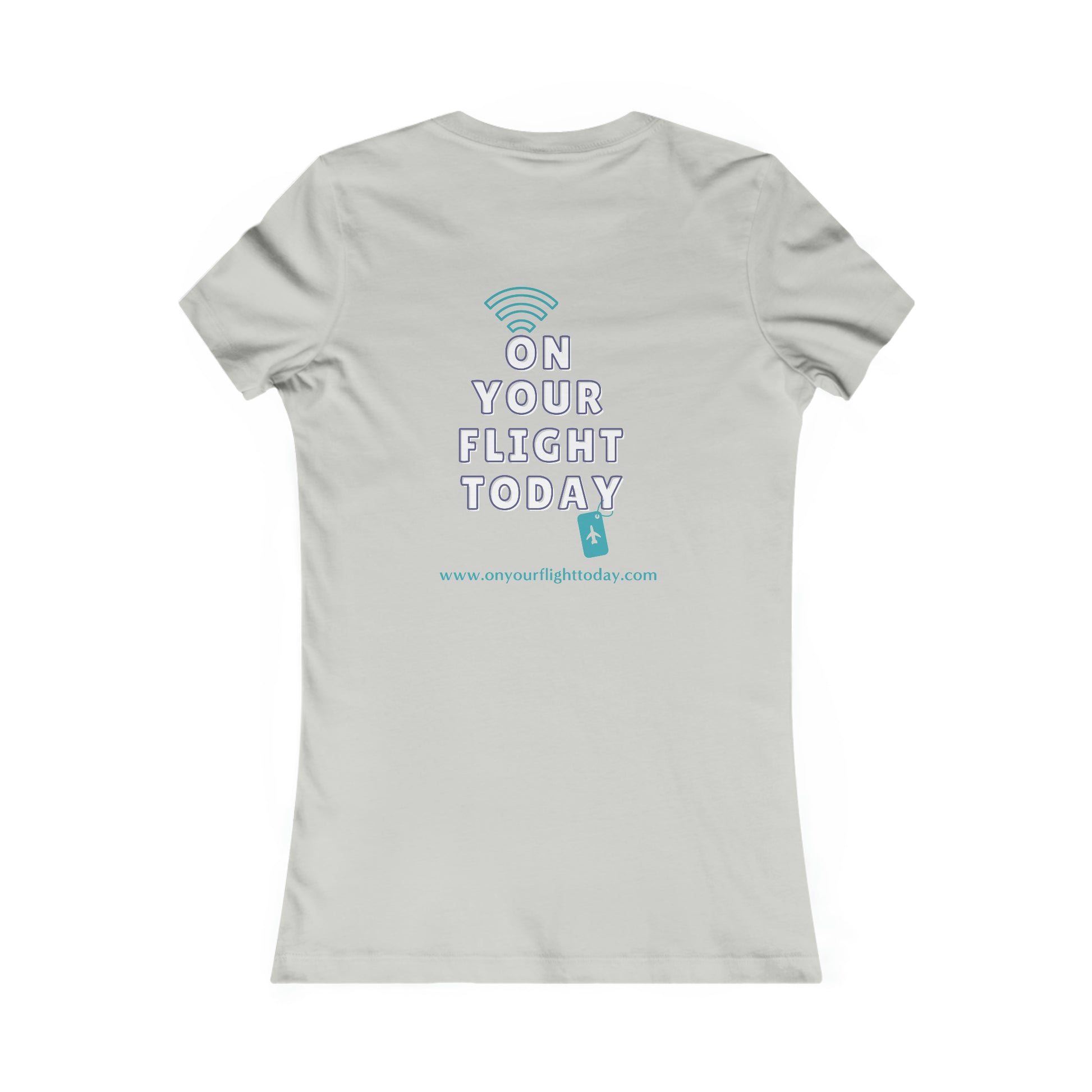 Silver back of tee with the On Your Flight Today logo 