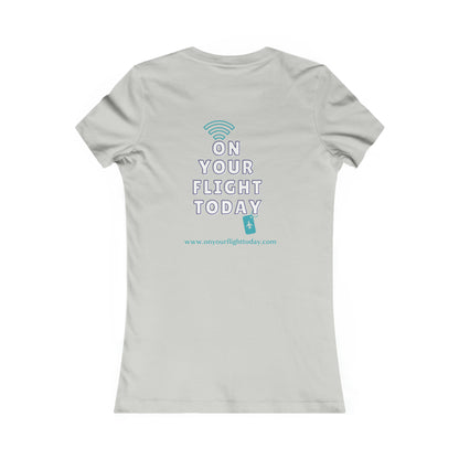 Silver back of tee with the On Your Flight Today logo 