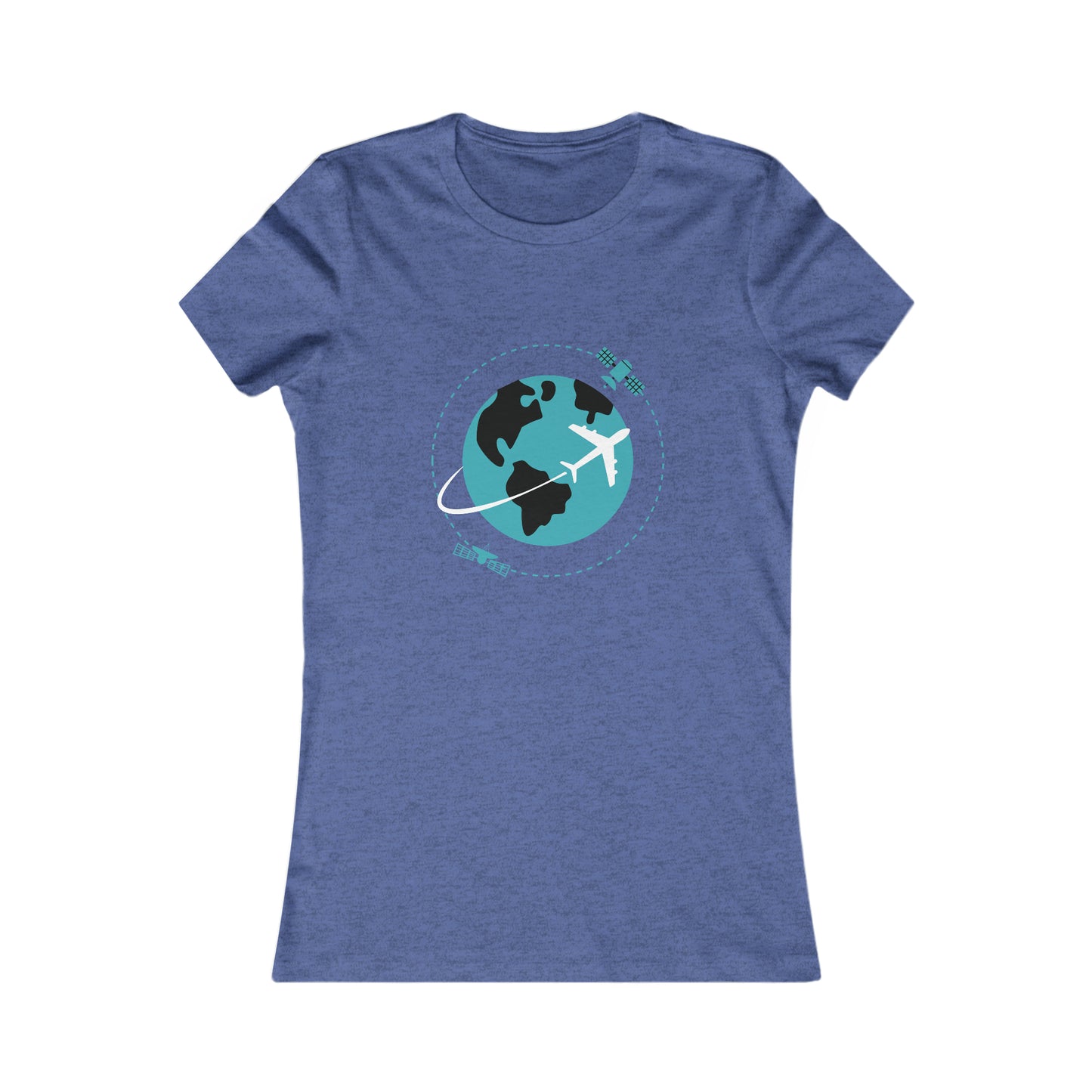 Heather true royal tee with image of earth with a plane flying across it and two satellites in orbit.