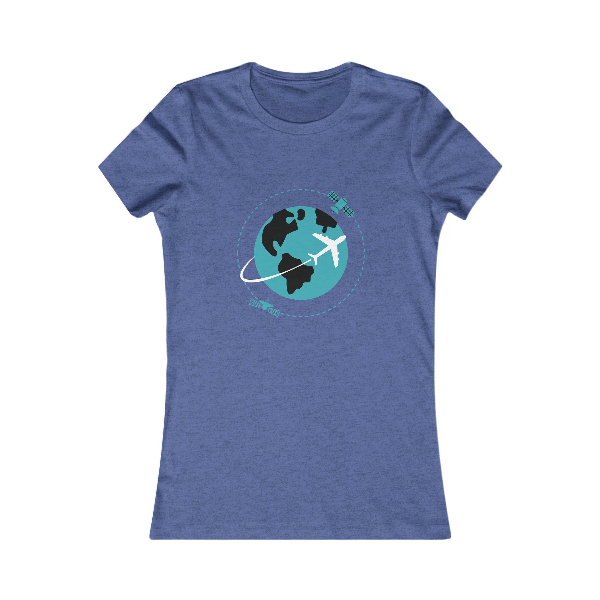 Heather true royal tee with image of earth with a plane flying across it and two satellites in orbit.