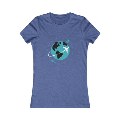 Heather true royal tee with image of earth with a plane flying across it and two satellites in orbit.