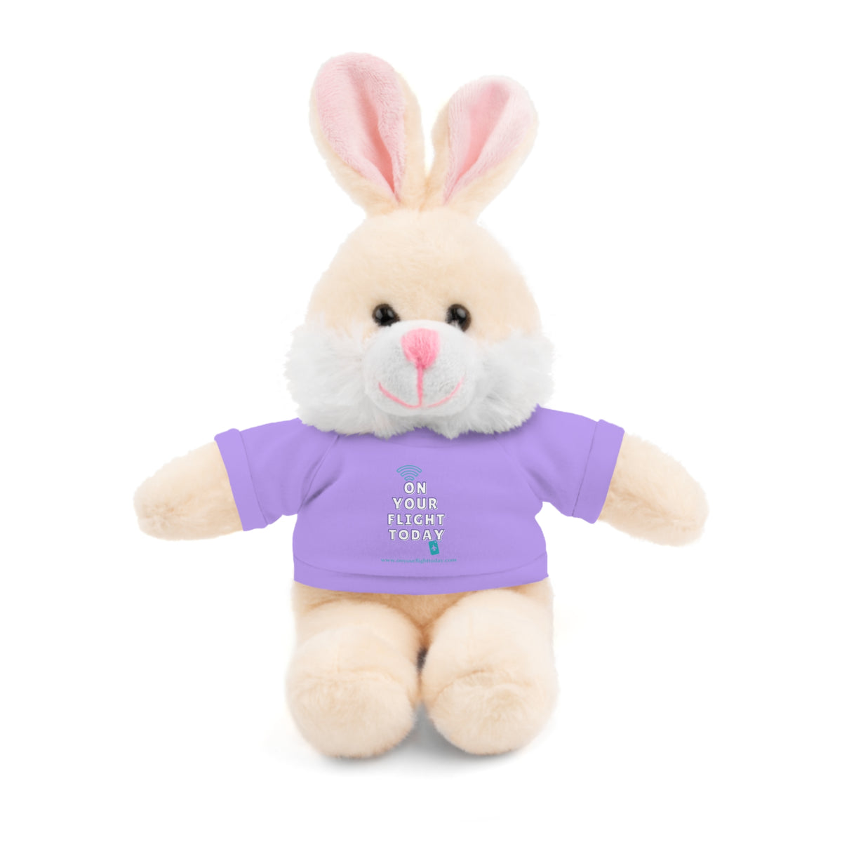 Bunny rabbit wearing OYFT tee in lavender. 