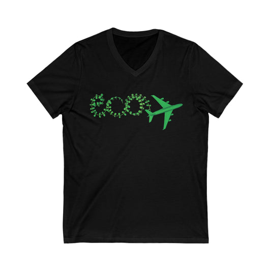 Black tee with text eco and green plane. 