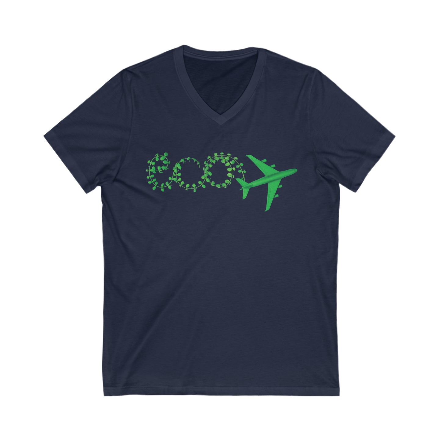 Navy tee with text eco and green plane. 