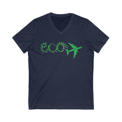 Navy tee with text eco and green plane. 