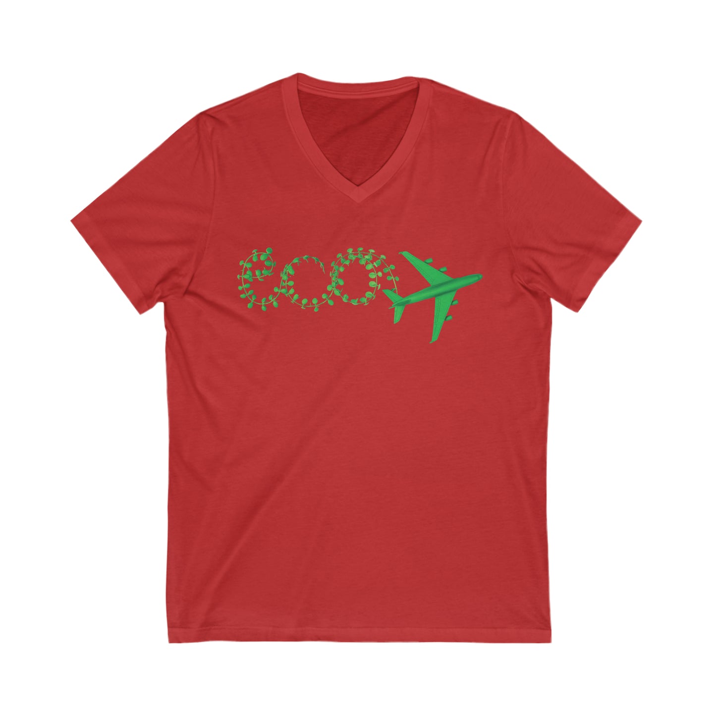 Red  tee with text eco and green plane. 
