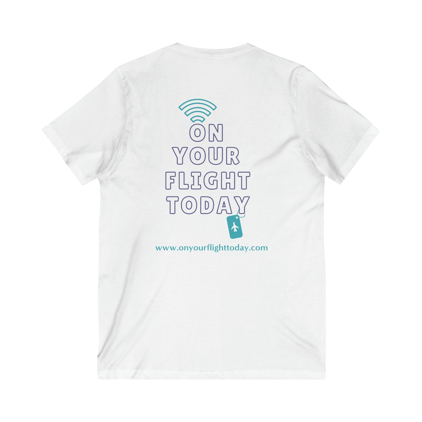 White tee back of tee with the On Your Flight Today logo 