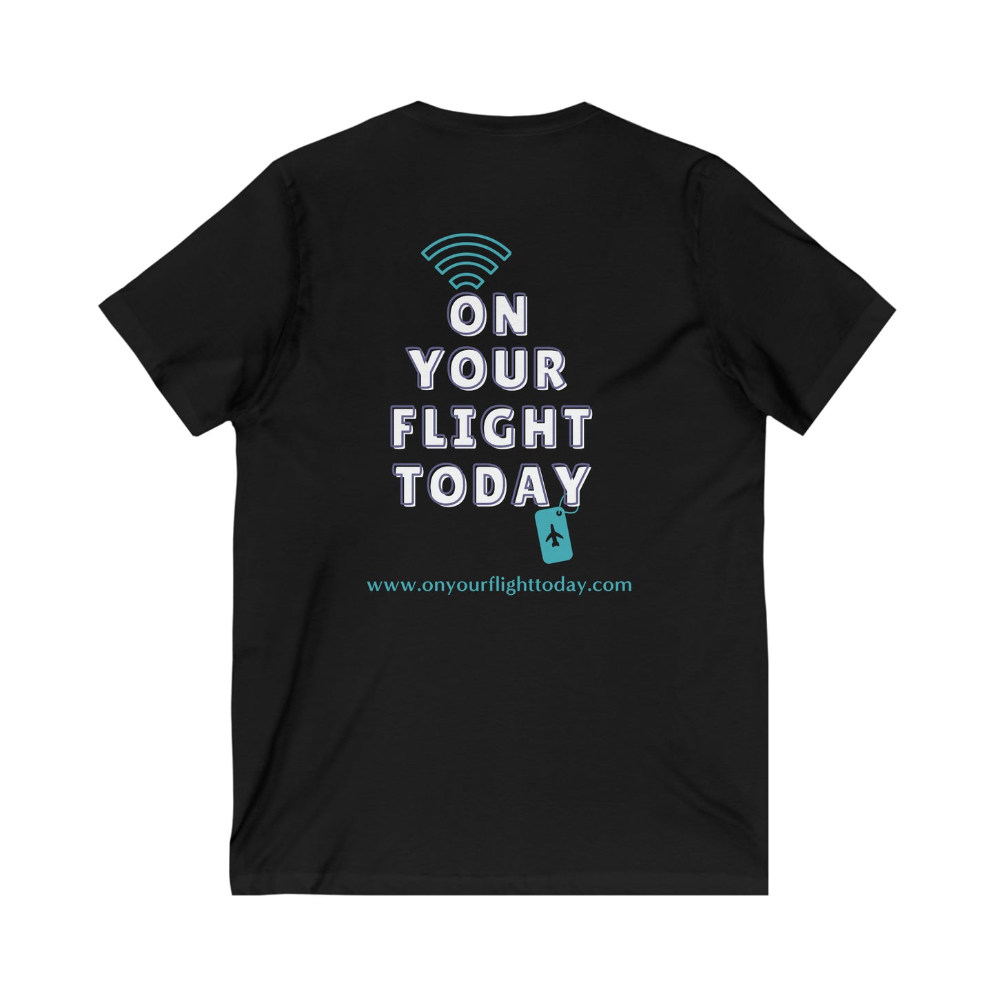 Black tee back of tee with the On Your Flight Today logo 