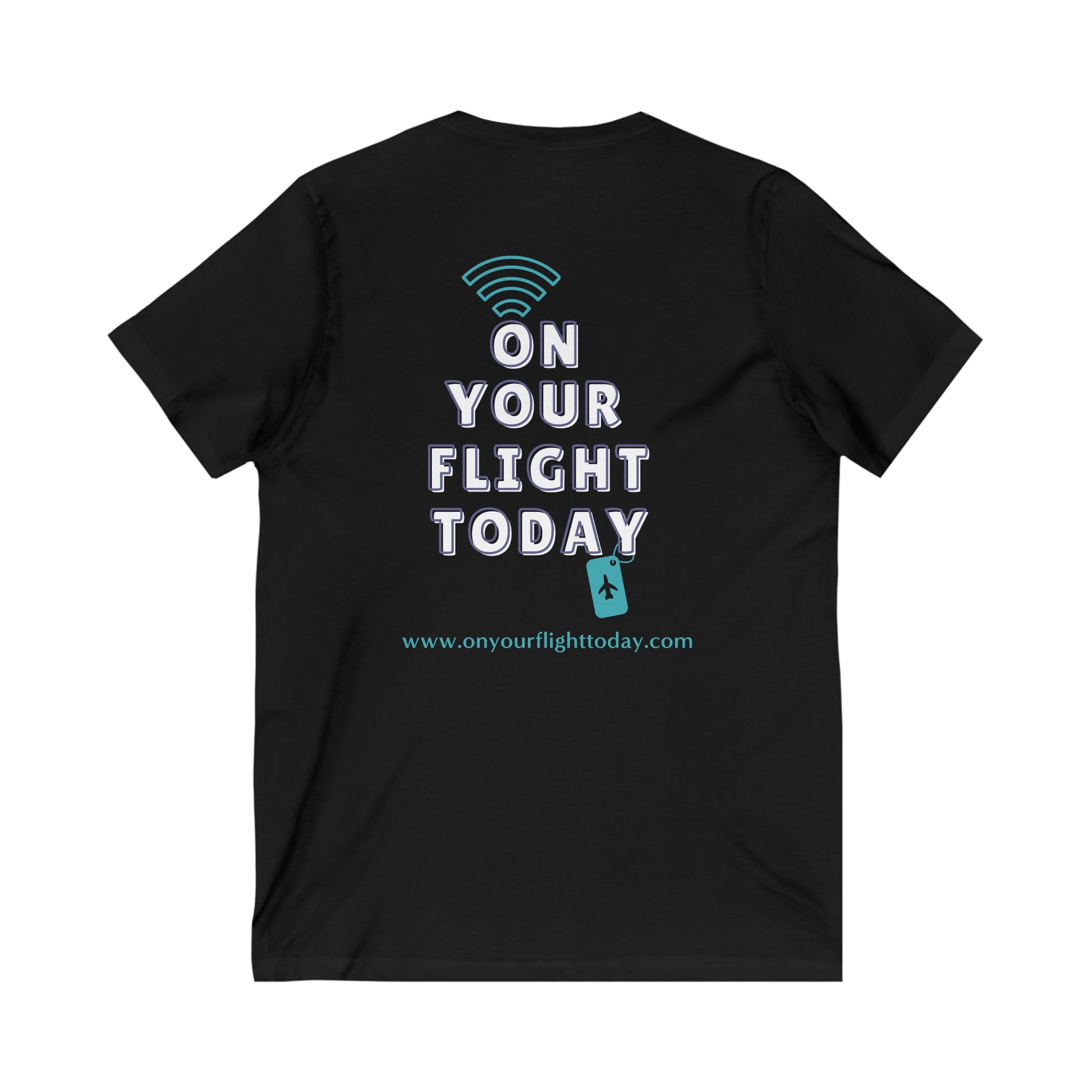 Black tee back of tee with the On Your Flight Today logo 