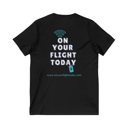 Black tee back of tee with the On Your Flight Today logo 