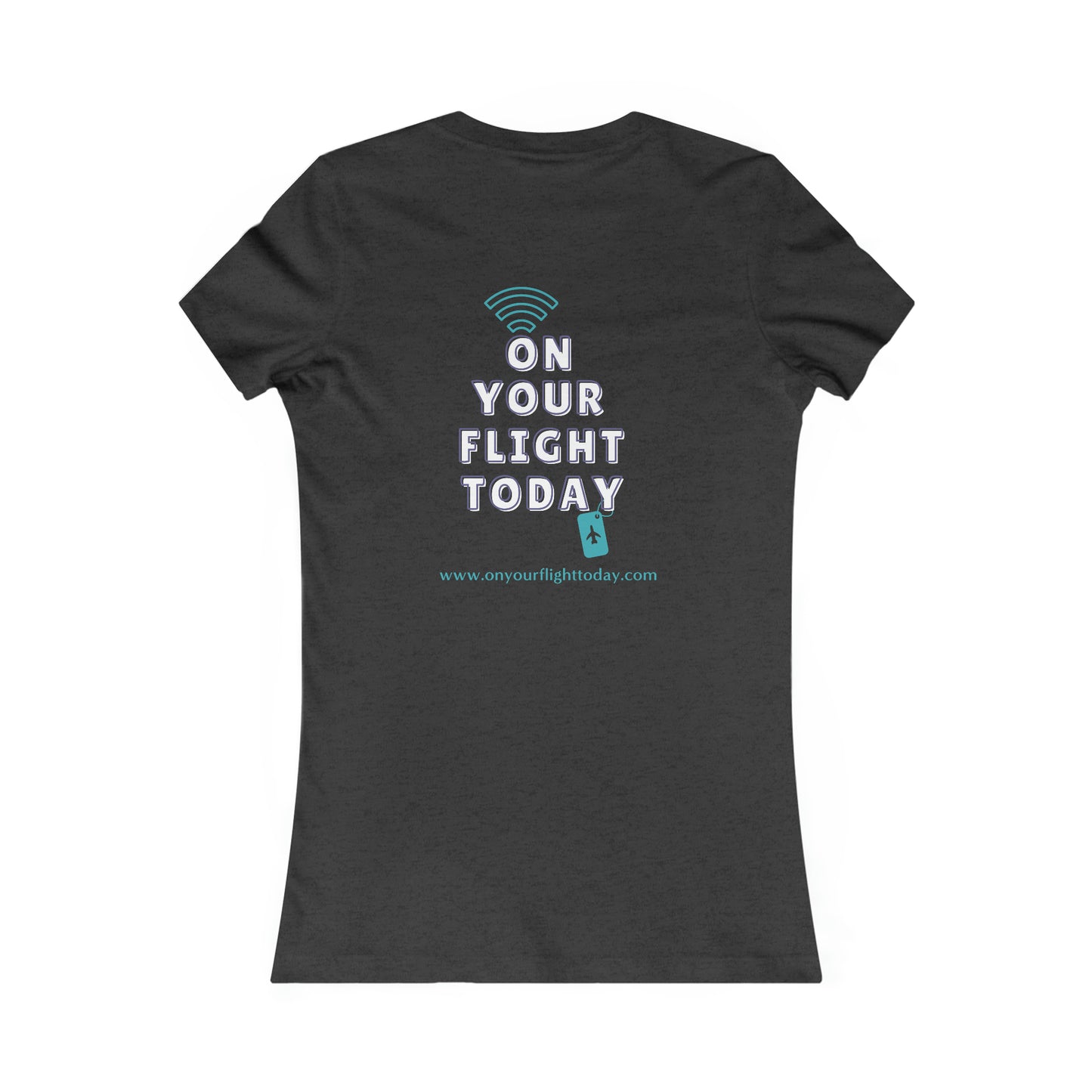 Dark Gray Heather back of tee with the On Your Flight Today logo 