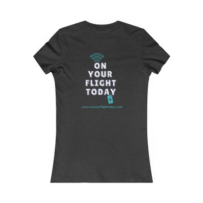 Dark Gray Heather back of tee with the On Your Flight Today logo 