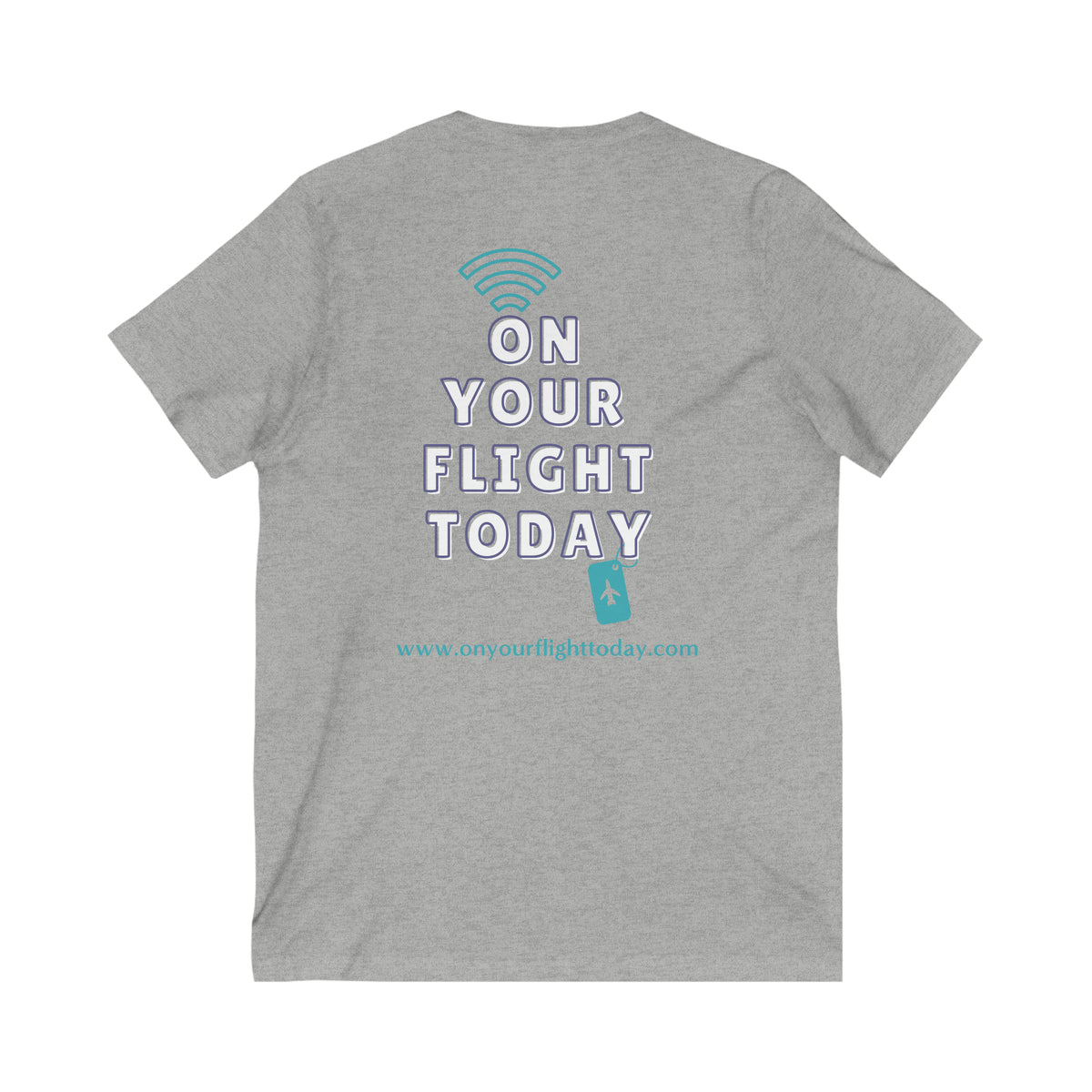 Gray back of tee with the On Your Flight Today logo 