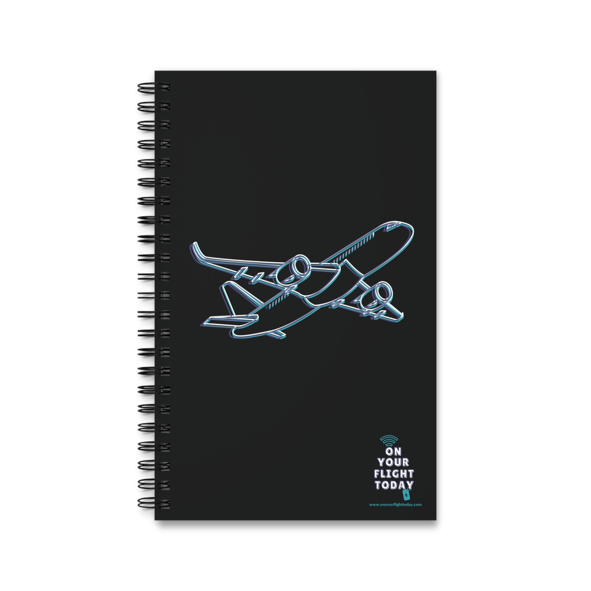 Black journal with silhouette of an airplane. 