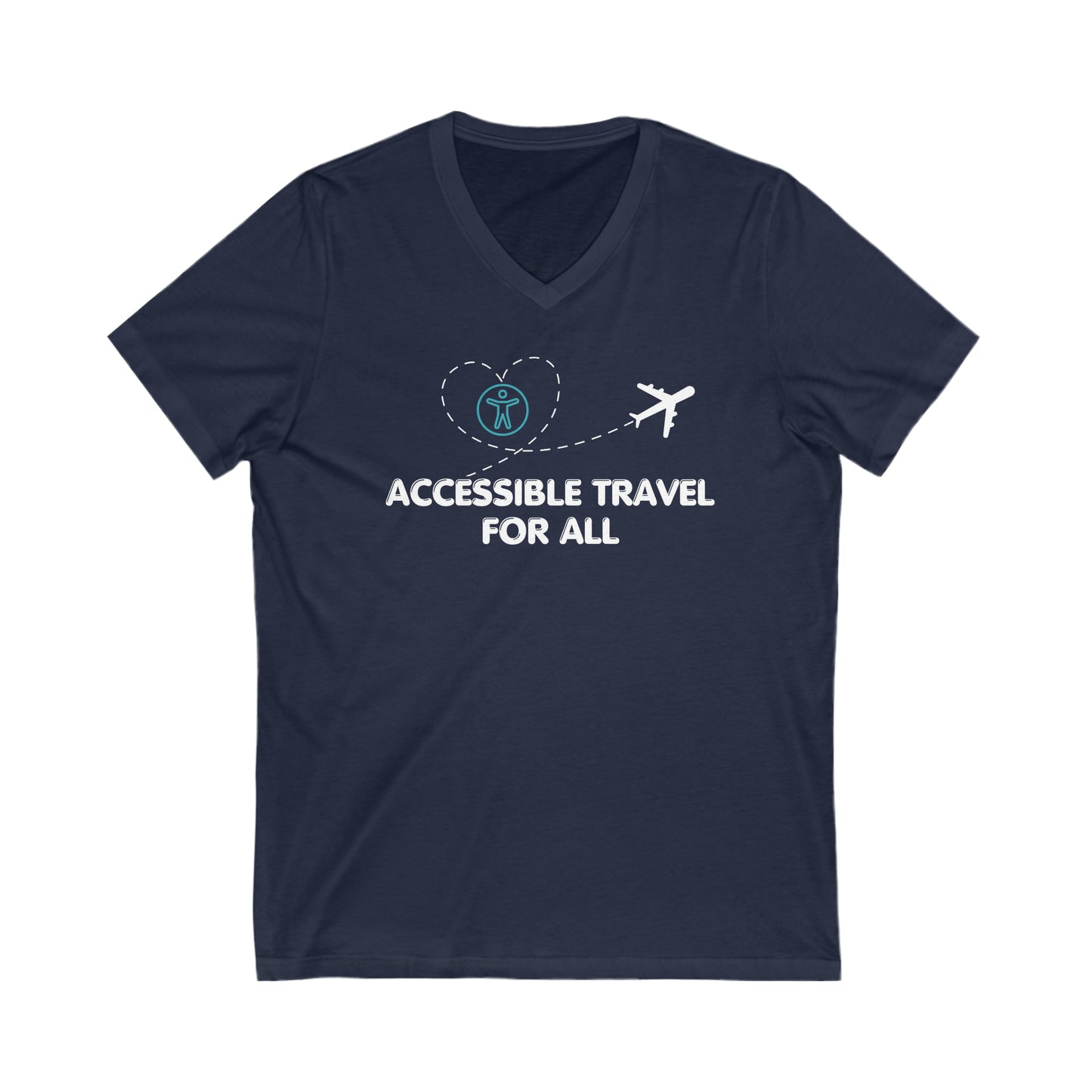 Navy tee with a white plane that has a trail in the shape of a heart that has the accessible logo within it. text below reads "Accessible travel for all"