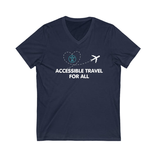 Navy tee with a white plane that has a trail in the shape of a heart that has the accessible logo within it. text below reads "Accessible travel for all"